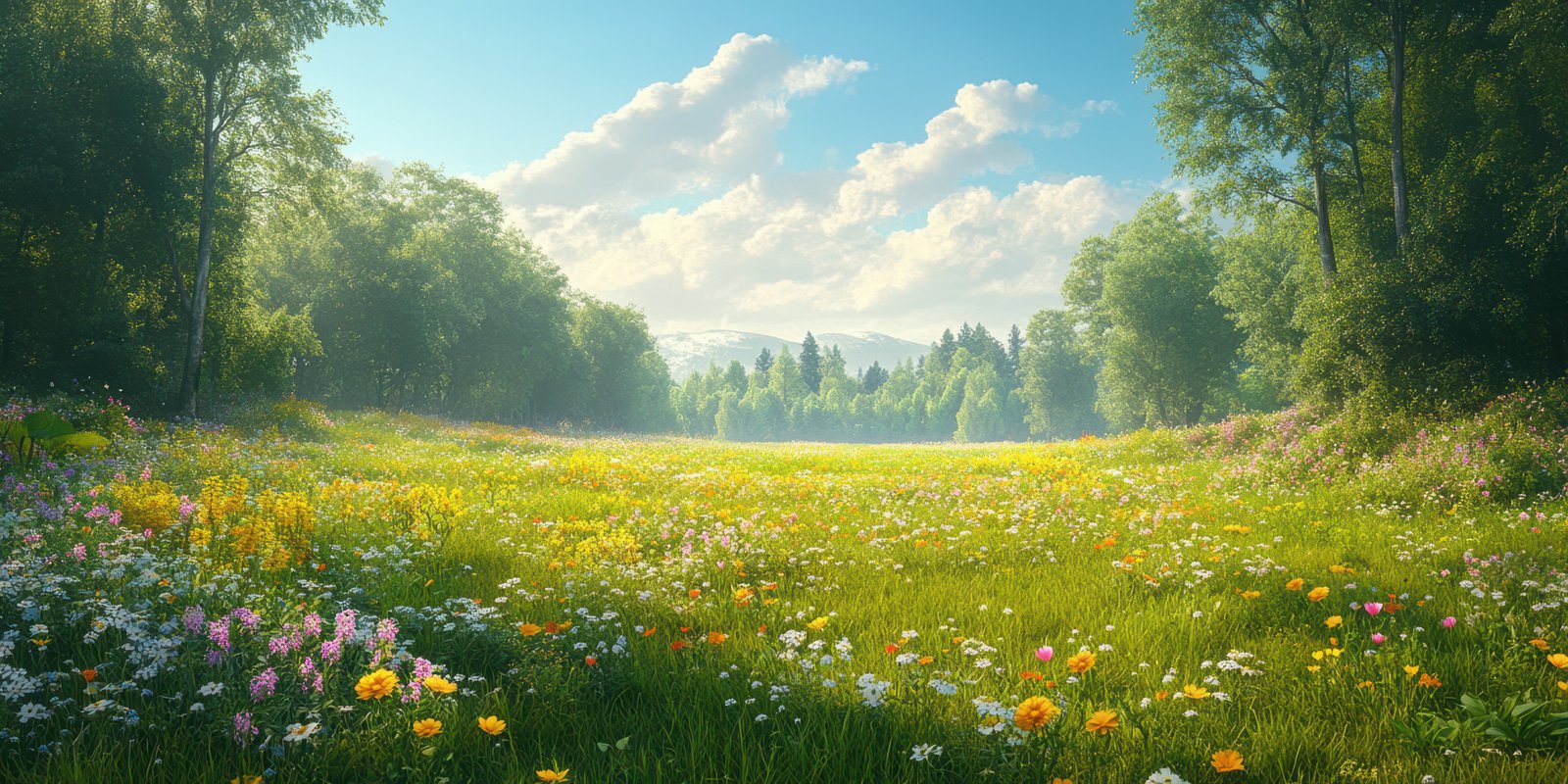 Vibrant wildflower meadow under a clear blue sky in a serene landscape during sunny daytime